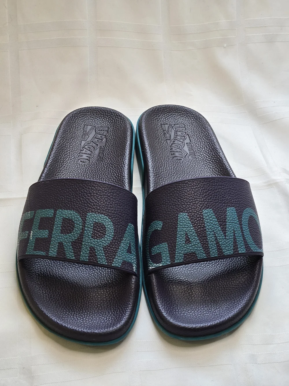 Salvatore Ferragamo Amos Logo Rubber Slide Sandals Purple Teal Men's Size 12